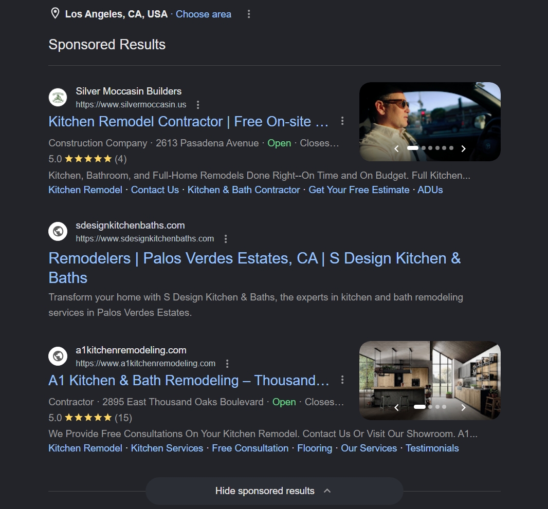 Google Ads results for remodeling contractors