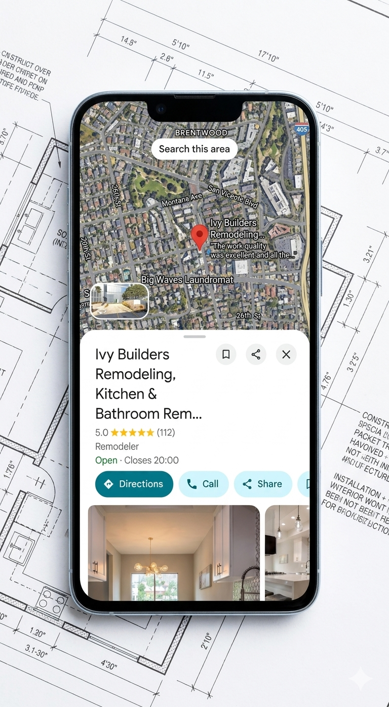 Google Maps local pack results on a phone showing remodeling contractors nearby